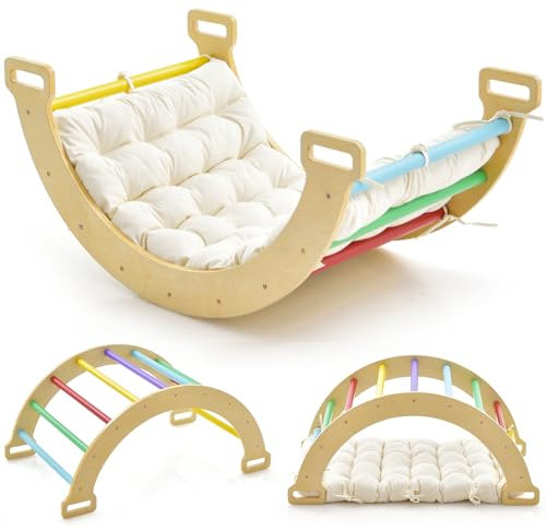 GYMAX 4 in 1 Kids Climbing Set, Indoor Climbing Arch with Cushion, Wooden Toddler Climber Frame for Playroom (Colorful)