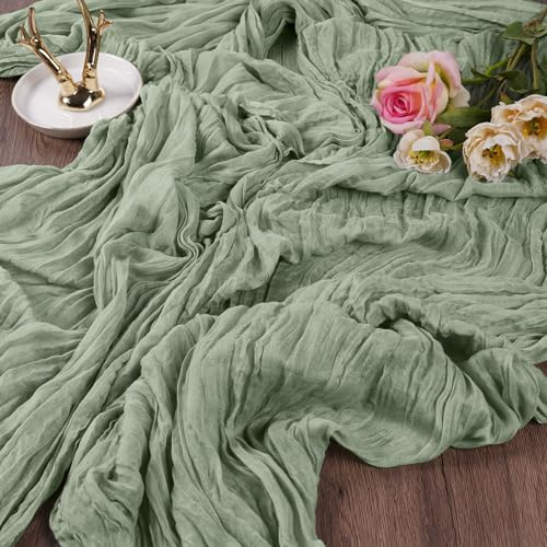 AUAUY Camino de Mesa de Tela de Queso, 2PCS Verde Caminos de Mesa de Gasa Bohemia, Camino de Mesa Rustico de Queso para Decoración de Baby Shower, Boda, Fiesta de Verano (90X300cm)