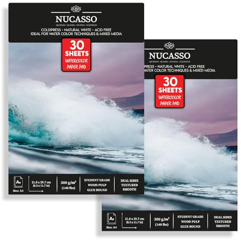 NUCASSO Watercolour Paper Pad - Pack of 2 - A4 x 30 Sheets – Natural White 300 GSM Student Grade, Cold-Pressed, Glue Bound Water Colour Sketchbook for Wet, Dry & Mixed Media (30 Sheets x 2 Packs)