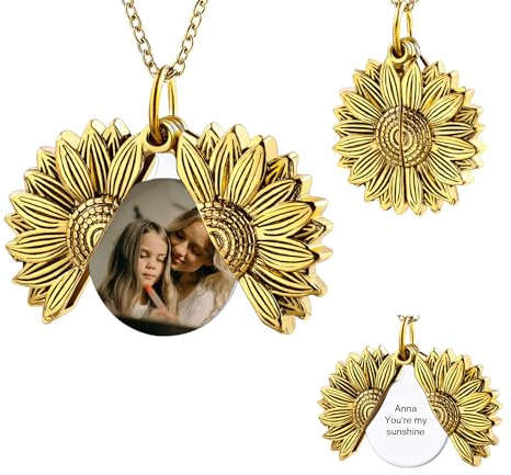 OTXIXTO Personalisierte Foto Gold Sonnenblumen Medaillon Halskette für Frauen Damen Medaillon Gedenkhalskette mit Bild/Text Innen Denkmal Sonnenschein Schmuck Geschenk für Freundin Mutter (Stil A)