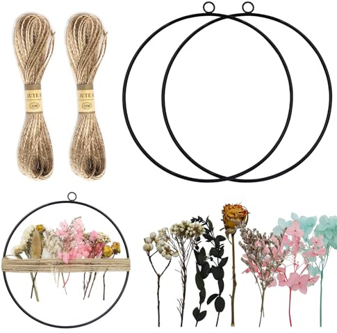 2 Pezzi Nero Cerchio Metallo Ghirlanda Di Fiori Secchi Di Metallo Diametro 20cm Con 3 Mazzi Fiori Secchi E 10 M Corda Di Iuta per Soggiorno, Muro, Giardino
