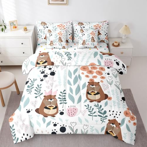 Erosebridal Beaver Kids Comforter Set Queen 7 Piece Cartoon Animal Print Bed in a Bag Kawaii Room Decor,Green Leaf Pink Floral Bedding Set with Fitted Sheet,Flat Sheet,Pillow Cases & Covers