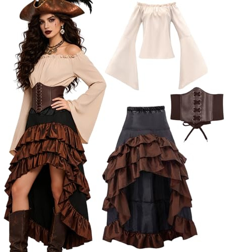 Vercico Pirate Costume Adult Women Medieval Pirate Fancy Dress Retro Elastic Waistband Corset, Steampunk Renaissance Outfit Halloween Costumes