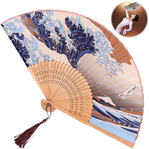 Crrynuo Japanische Kanagawa Faltbarer Sea Welle Handfächer, Chinesischer/Japanischer Retro-Stil tragbarer Taschenfächer für Hochzeiten Party oder als Geschenk