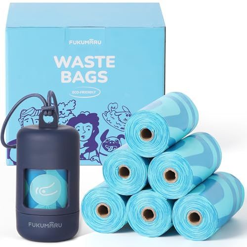 FUKUMARU Bolsas para excrementos de perro, 120 bolsas biodegradables, compostables según ASTM D6400 y a prueba de fugas, 30 x 22 cm, con dispensador de bolsas azul y fragancia a océano.