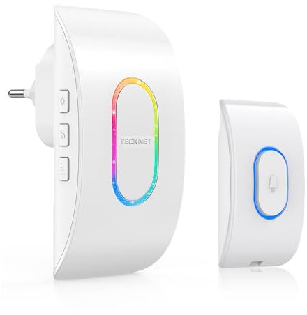 TECKNET Campanello Senza Fili da Esterno, Campanello Wireless IP65 Impermeabile, 400M Operativo Portata, 60 Suonerie, 5 Volumi Selezionabili, Indicatori RGB (1xTrasmettitore e 1x Ricevitore)