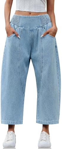 Cicy Bell Womens Wide Leg Cropped Jeans Baggy Boyfriend Smocked Mid Rise Harem Denim Pants Light Blue