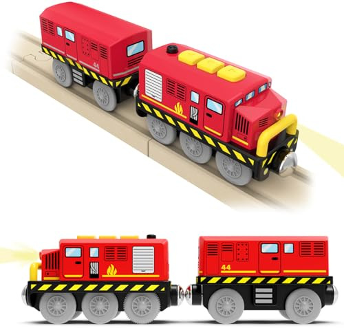 DxxD Train de Locomotives à Piles, Train Electrique Enfant pour Chemin de Fer en Bois, Voiture avec Son et Lumière, Jouet pour Voie Ferrée Compatible avec Thomas Brio, Jouet Enfant 3 4 5 6 7, Rouge