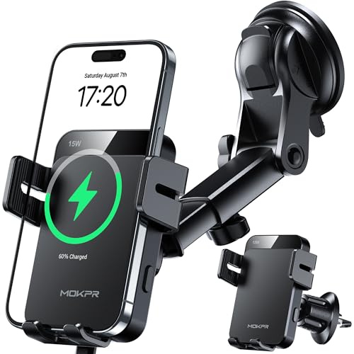 MOKPR Car Phone Holder Wireless Charger, 15W Wireless Car Charger Auto Clamping, Car Phone Holder for Air Vent/Dash/Windshield for iPhone 17/16/15/14/13/12&Samsung S26/S25/S24/S23/S22(Black)