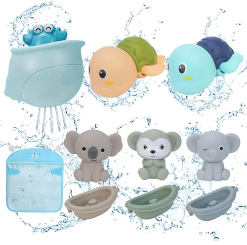 Fenarid Jouet Bain Bébé – 3 Bateaux et Animaux en Silicone + Tortues Nageuses + Crabe Fontaine + Filet Rangement Jouet Bain – Jeux Bain Bébé sans BPA – Marque Française