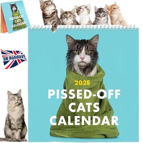 Cat Calendar 2026 Calendar UK, Funny 2026 UK Grumpy Cat Wall for Home Business Office School