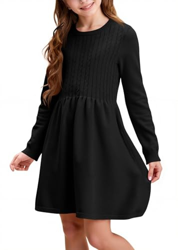 Haloumoning - Vestito a maniche lunghe per ragazze, in maglia con motivo a treccia, linea A, per il tempo libero, autunno, elegante, per feste, invernale, Nero , 12-14 Anni