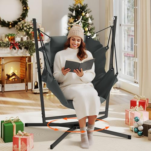 360° Swivel Hammock Swing Chair with Stand - Comfortable Hanging Chair with Cushions (180kg Capacity) for Indoor/Outdoor Use - Perfect for Bedroom, Patio, Porch, Deck, Garden, Balcony (Grey)