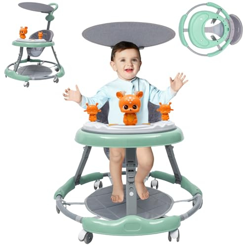 Girello per girello in PVC, aiuto per camminare per bambini a partire da 1 anno con parasole, altezza e velocità regolabili, per bambini a partire dai 6 ai 18 mesi, fino a 15 kg (verde)