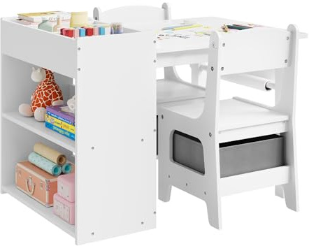 WOLTU Mesa Infantil con 2 Sillas, Mesa para Niños con Estantería de 3 Niveles, Conjunto Muebles Infantiles, con 1 Portarrollos y 2 Cajas de Tela, para Guardería, MDF, Blanco