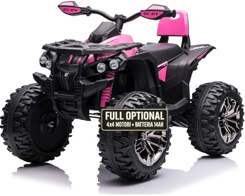 TOYSCAR Super Quad Elettrico per Bambini 12V ATV off-Road 4 x 4 Motori 12v Full Optional Batteria Potenziata 14AH Sospensioni (Rosa)