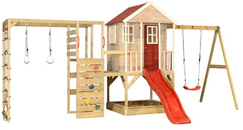 Wendi Toys casita Infantil de Madera con tobogán y Columpio, Torre de Juego Exterior 342×508×242 cm con Pared de Escalada, Red y Anillas, Madera FSC – M10R-G