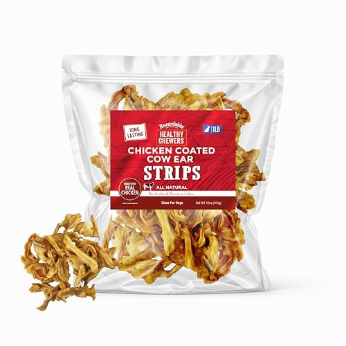Rewardables Strisce per orecchie di mucca rivestite di pollo per cani - Mastica naturale a lunga durata per cani, senza aromi o colori artificiali, sacchetto da 1 libbra - Soddisfacenti per