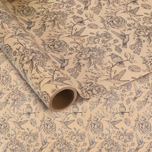 1 Roll Retro Floral Bird Wrapping Paper - Mini Roll - Retro Floral Bird Pattern Gift Wrap Paper for Birthday Wedding Baby Shower Party Supplies (0.43 x 5m)