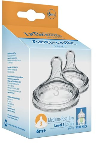 Dr Brown's Natural Flow Level 3 Wide-Neck Baby Bottle Silicone Teat, Medium-Fast Flow, 6m+, 100 Percent Silicone Bottle Teat, Pack of 2