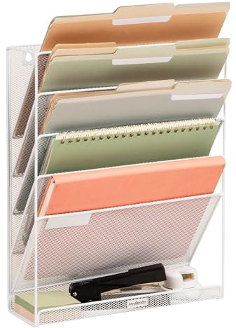 Mind Reader Organizer da scrivania verticale a 4 tasche, da parete per giornali e riviste, per bagno, ufficio, ingresso, bianco, metallo, 12,75 x 10,25 x 16 cm (largo)