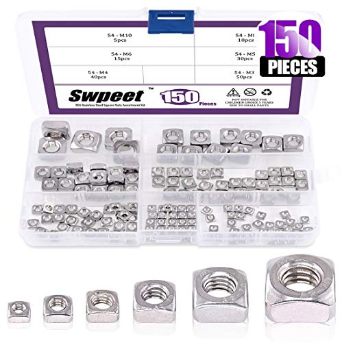 150pcs 304 rostfritt stål 6 storlekar metriska kvadratmuttrar sortiment kit, maskin skruvmuttrar metrisk grov tråd - M3 M4 M5 M6 M8 M10