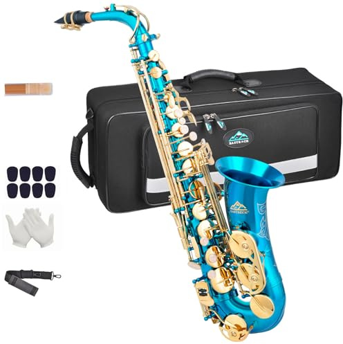 EASTROCK Débutants Saxophones Alto, Saxophone Alto E Plat en Laiton Laqué Doré, Mi Bémol Saxophones Etudiants, Saxophone alto avec étui Tapis (Bleu Clair)