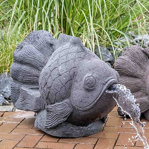 IDYL Lavastein Figur Fisch als Wasserspeier | Tier-Figur aus Lava | Handarbeit | Gartenskulptur | Hochwertiges Kunsthandwerk |Aus Blöcken geschlagen | Wetterfest | schwarz