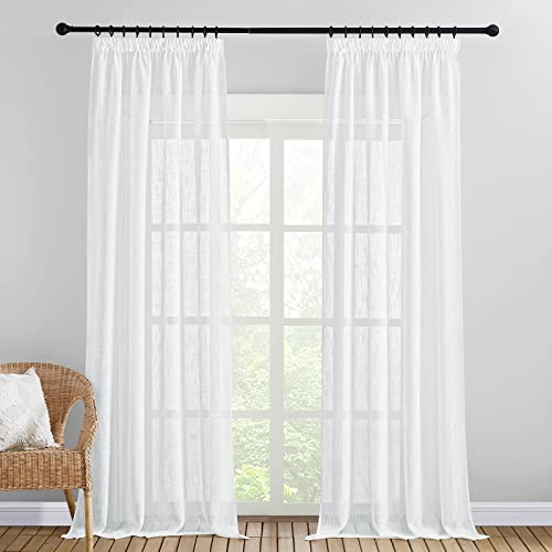 PONY DANCE Extra Lange Gardinen Halbtransparent mit Kräuselband Wohnzimmer Modern 2er Set H 260 x B 140 cm Vorhänge Leinenoptik Gardine für Schienensystem, Weiß
