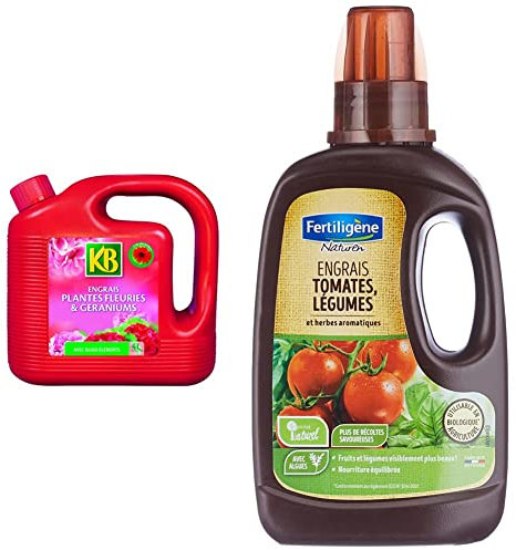 KB Engrais Geraniums et Plantes Fleuries Liquide 4L & Fertiligène Engrais Tomates et Légumes Bio, 400 ML