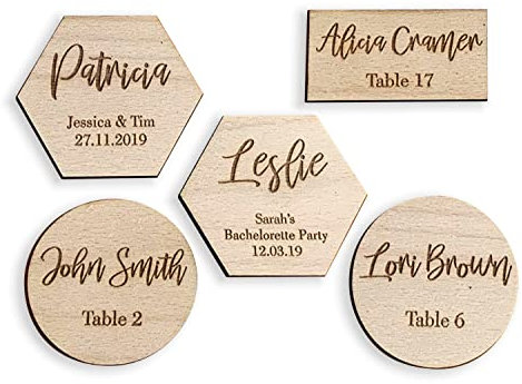 Marcasitios de boda, Nombres o texto grabado en madera, Decorativos Personalizados, Fiesta Evento Cumpleaños Tarjetas de mesa Lugar con Inscripción, etiquetas de regalo, Rectangular, hexágono, redondo