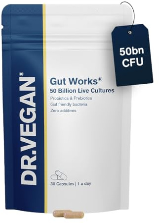 Gut Works® | 6 Prebiotics and Probiotic Strains | 50 Billion CFU Bacteria Live Cultures | Daily Support for Gut Health | 30 Vegan Capsules | One-A-Day | DR.Vegan