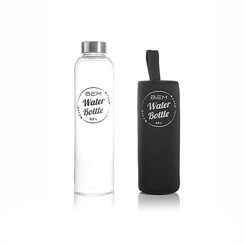BEM Water Bottle - Trinkflasche aus Glas mit Edelstahldeckel, 500ml, Spülmaschinenfest, Stoßfest, Silikonhülle, Borosilikatglas, robust