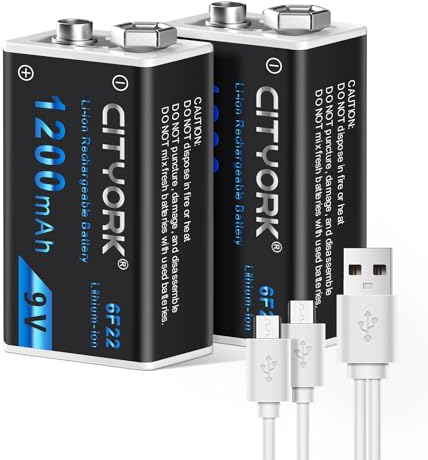 CITYORK Batería recargable de 9 V, 1200 mAh de alta capacidad 6F22 baterías de iones de litio con cable USB de baja autodescarga (paquete de 2)