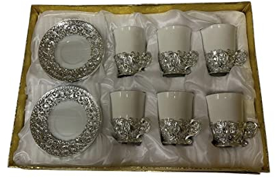 Service à café/thé style arabe blanc et argenté 6 tasses 6 soucoupes