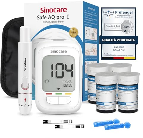 Sinocare Safe AQ Pro I Glucometro Misuratore Glicemia nel Sangue Diabete Test Kit con Strisce in Argento-Carbonio, Alta Precisione, Marcatori Prima/Dopo Pasto con 100 Strisce e Lancatte