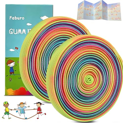 Faburo 2 Stück Gummitwist Kinder mit Anleitung für Hüpfspiele, Hüpfgummi 4m lang 1cm weit Gummi Twist, Indoor und Outdoor Spielzeug, Gartenspiele Kinder, Regenbogen Band - Geschenk für Mädchen & Junge