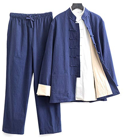ZHOUXIAO Uniformes De Kung Fu Lâches Ensemble De 3 Grands Hommes Arts Martiaux Uniformes Manteaux À Manches Longues Veste, Tang Costume De Vêtements Traditionnels Chinois blue-5XL