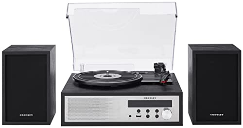 Crosley CR7022A-BK Sloane 3-Speed Bluetooth Turntable and FM Radio Shelf System with Matching Stereo Speakers, Black