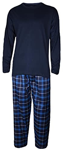 Mens Pyjama Set Tshirt Pyjamas Men Pjs Loungewear Check Woven Sleepwear Pajama Bottom Nightwear Long Sleeve T-Shirts Checked Pjama Lounge Pants Tee Top Blue S