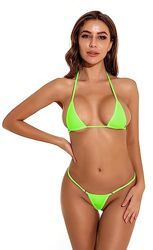Oneheekini Women Sexy Halterneck Mini Micro Bra Tiny Thong Bikini Bikini G String Swimsuit Bright Color Bathing Suits Green