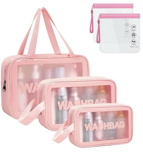 WUBAYI 5Pcs Clear Toiletry Bag, Waterproof PU Makeup Bag with Zipper Handle, Portable Airport Cosmetic Bag for Women & Men, Travel Accessories Wash Bag for Travelling & Holiday (Pink)