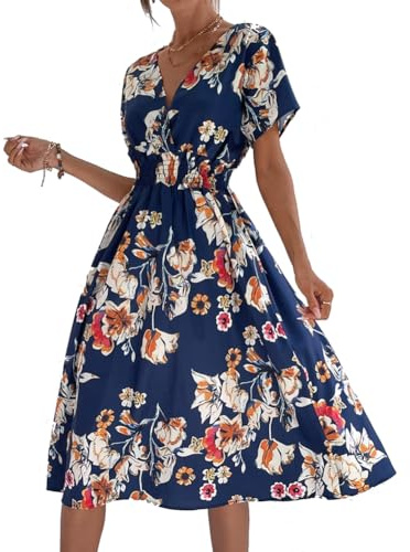 XIVISTO Estivo Vestito Donna Casual con Scollo a V Floreale Abiti Elegante Manica Corta Elastica Vita Alta Boemia Vacanza Abito