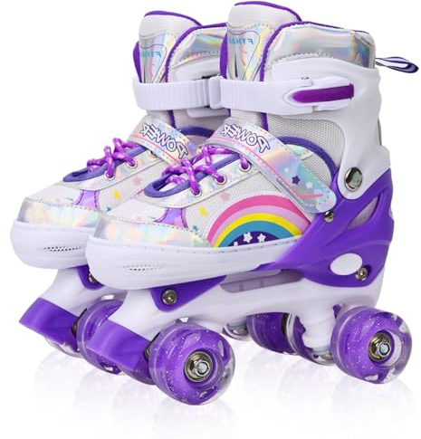 LOKJIJI Rollschuhe für Kinder Mädchen Anfänger Rainbow, Einstellbar 4 Größen für Kinder und Jugend, Violett Regenbogen Rollschuhe für Sport (Violett Regenbogen, S)