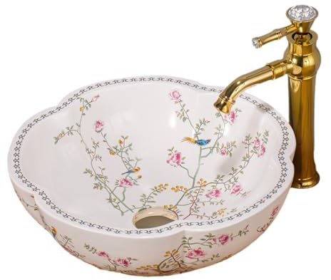 1 ganzer Satz Modernes weißes Keramikwaschbecken mit gold Wasserhahn und Ablaufgarnitur, Blumen- und Vogelmuster Waschchalen