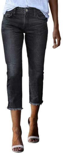 IQYU Capri jeans dam stretch destroyed – capribyxor dam 3/4 strech jeansbyxor sommar fritidsbyxor lätta jeansbyxor korta byxor 7/8 dambyxor hög midja capribyxor crissjeans bermudashorts, Z-svart, L