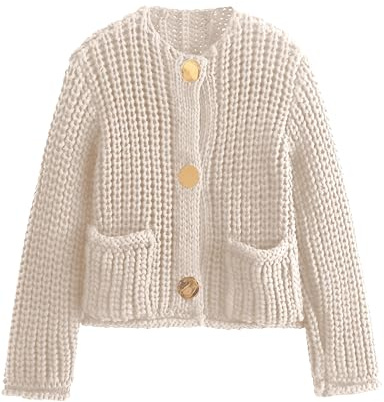 Hvewarm Womens Fall Chunky Knit Cardigan Gold Button Down Long Sleeve Crop Crochet Sweater, Beige, L