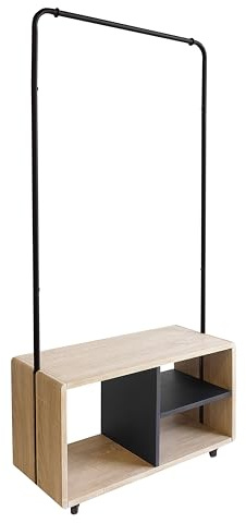 Box and beyond Casey - Perchero para ropa (72 x 31 x 153 cm), madera natural y metal negro, estantes, ruedas, perchero, abrigos, zapatos, entrada, lavadero, estilo moderno