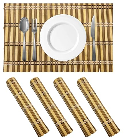 Bamboo Essentials Bamboo Placemats 4 Pack Heat-Resistant, Non-Slip Lightweight & Portable for Dining/Picnics Made for Any Occasion (Tan)