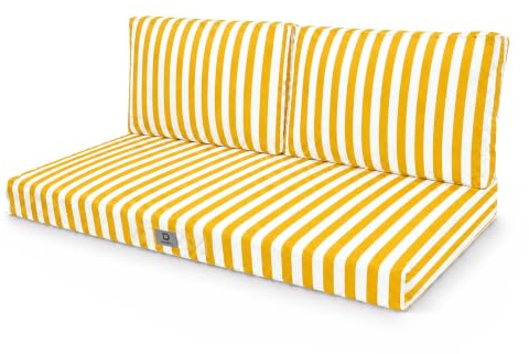 Déco Arts — Lot de 3 Coussins Déhoussables Salon Jardin 100x50 — Assise 100x50 + 2 Dossiers 50x35 cm — Imperméable Anti-UV — Remplacement Mobilier Jardin Terrasse Balcon Véranda — Rayures Jaunes
